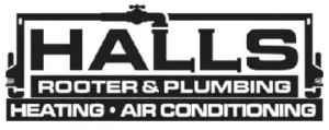 Black and white logo for Halls Rooter & Plumbing, Heating, Air Conditioning, featuring pipe and faucet graphics above the business name.