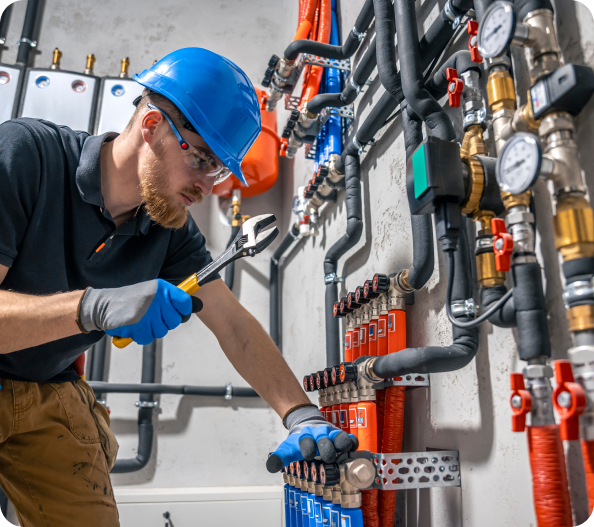 A technician wearing a blue hard hat and gloves uses a wrench to adjust valves on a complex system of pipes and gauges mounted on a wall.