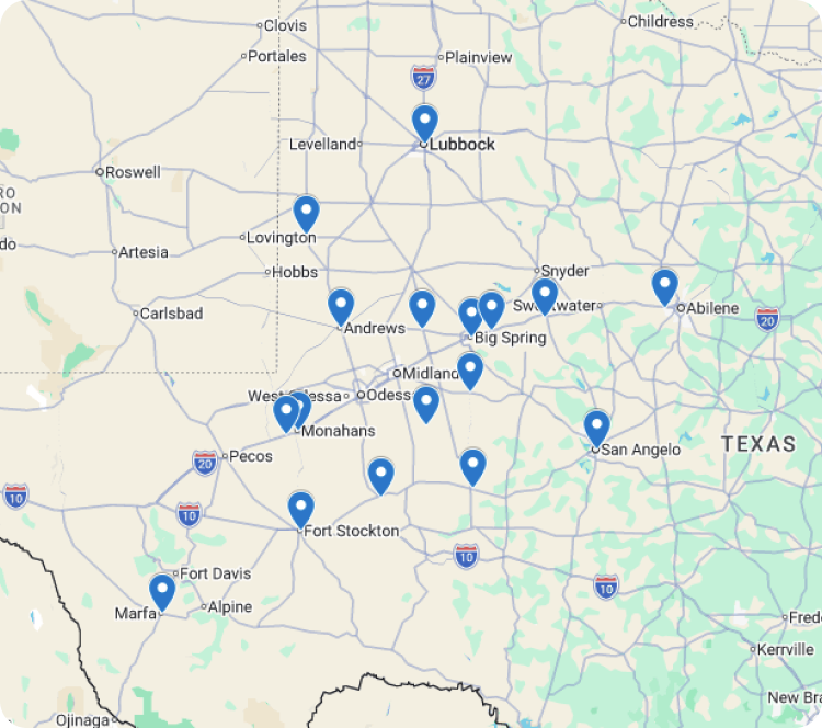 A map of West Texas shows various blue location markers, including cities such as Lubbock, Midland, Odessa, Pecos, Fort Stockton, and Marfa.