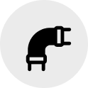 Black icon of a bent pipe or plumbing elbow joint on a light gray circular background.