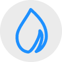 A blue outline of a water droplet with a flame-shaped curve inside, centered on a light gray circular background.
