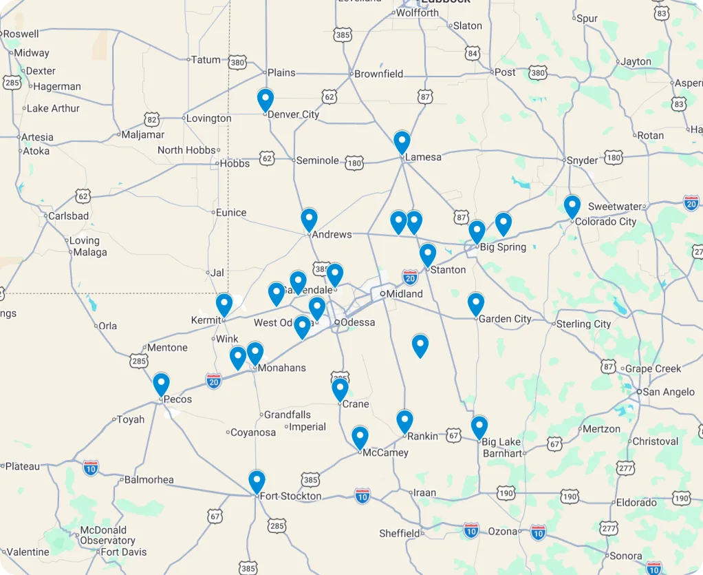 A map of West Texas displays towns such as Midland, Odessa, Pecos, Andrews, and Fort Stockton. Highways connect these locations, while blue markers highlight Halls Rooter & Plumbing service areas and important customer locations across the region.