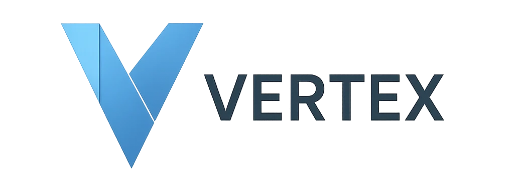 A sleek blue geometric “V” logo sits beside the word “VERTEX” in bold, dark lettering on a clean, light background, presenting a modern and professional impression.