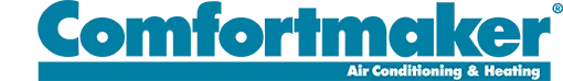 The Comfortmaker logo appears in bold blue lettering, with “Air Conditioning & Heating” written just below in a smaller font, all set against a clean white background.